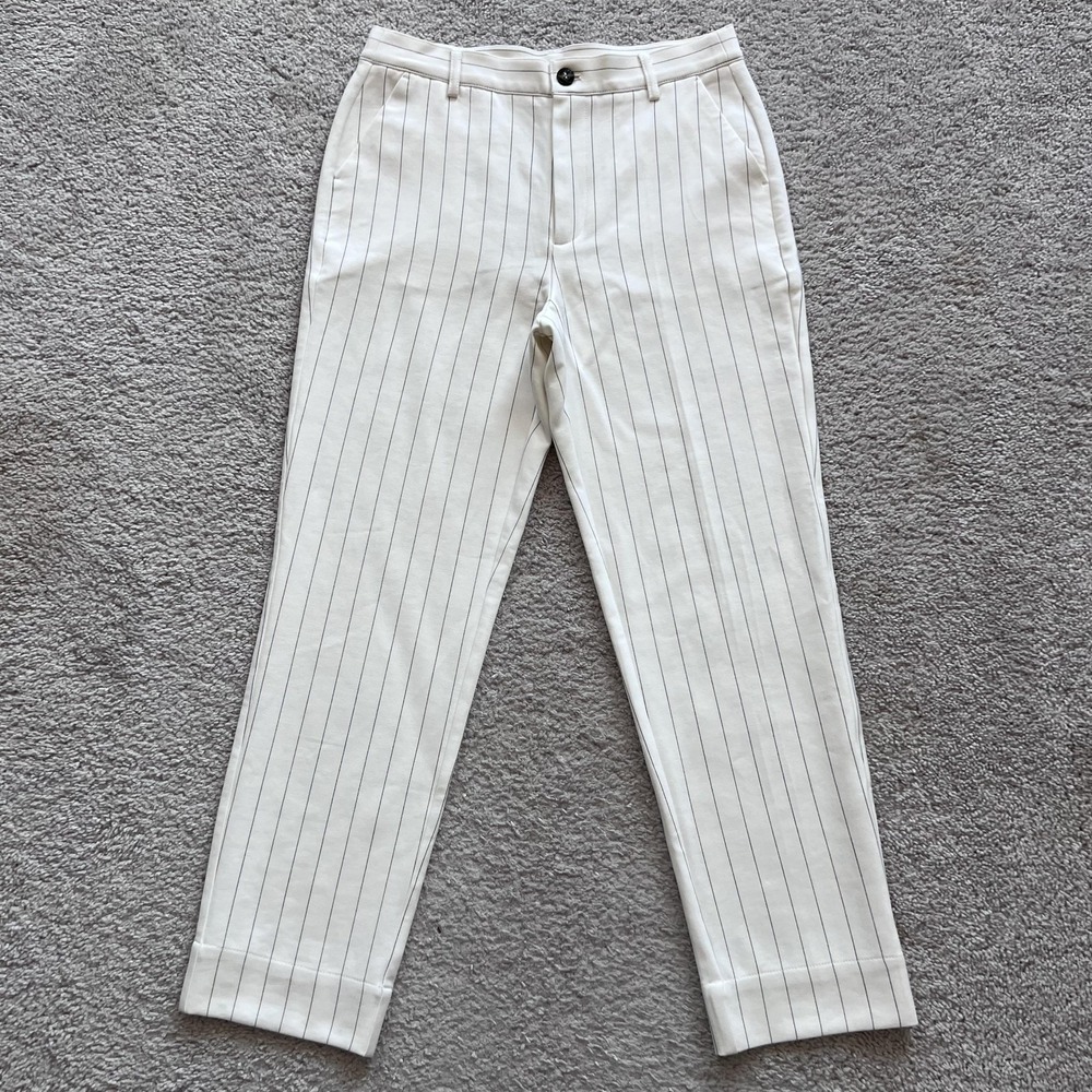 Ganni Pinstripe Dress Pants Womens 36 White Straight Leg Cropped Twill Stretch